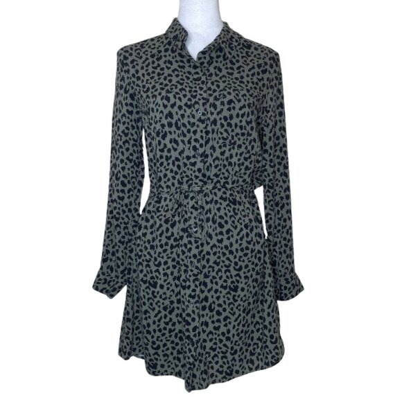 H&M Divided Khaki Green Leopard Print Button Up Tie Waist Mini Dress Sz 12 - Picture 1 of 12